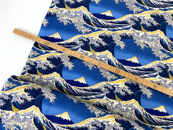 Große Welle vor Kanagawa Dunkelblau Gold, Baumwollstoff Japan – Bild 2